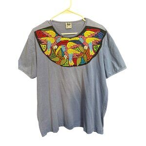 Handmade Kuna Mola Folk Art Embroidered Blue T-Shirt With Colorful Bird Applique